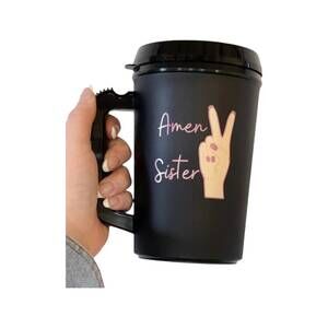 NEW WHITE LABEL amen sister travel mug in black
